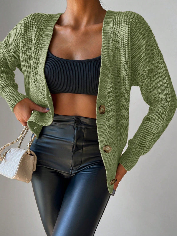 Cardigan casual de un solo botonadura de mangas largas y hombros caidos de unicolor para mujer, otono/invierno