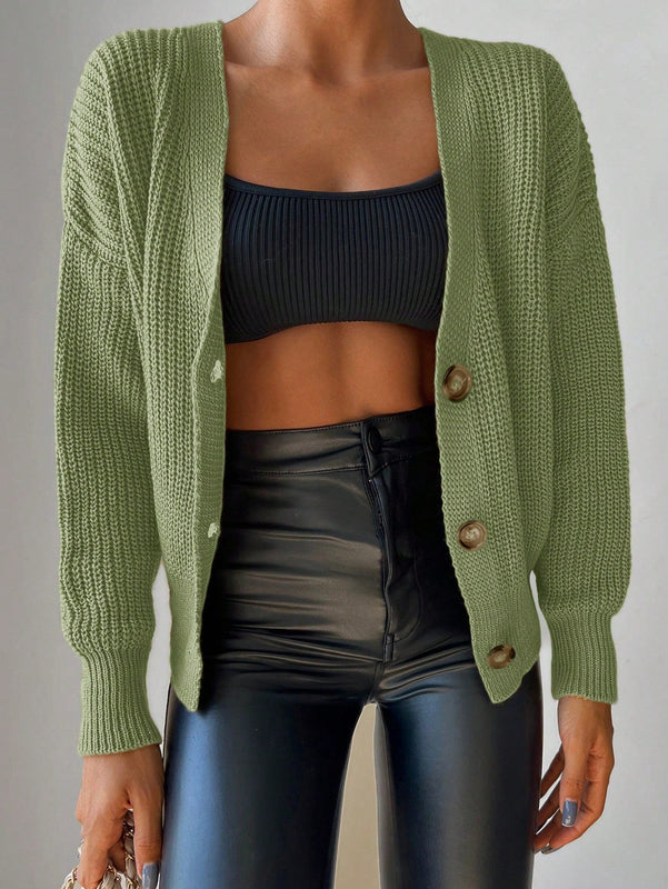Cardigan casual de un solo botonadura de mangas largas y hombros caidos de unicolor para mujer, otono/invierno