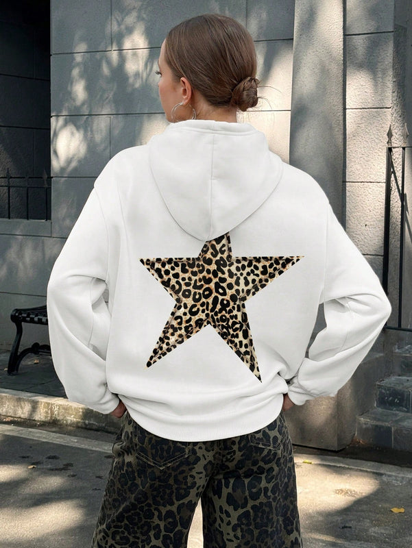 Ezwear sudadera con capucha de mujer con estampado de leopardo y estrella, hombros caidos, otono/invierno