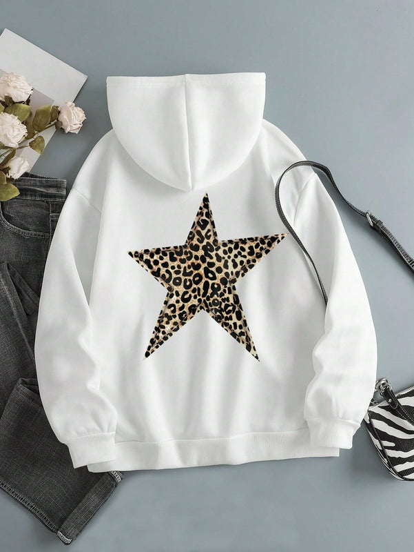 Ezwear sudadera con capucha de mujer con estampado de leopardo y estrella, hombros caidos, otono/invierno