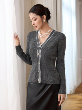 Modely cardigan de punto de color contrastante con bolsillos y botones para mujer para uso diario