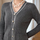 Modely cardigan de punto de color contrastante con bolsillos y botones para mujer para uso diario