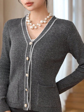 Modely cardigan de punto de color contrastante con bolsillos y botones para mujer para uso diario