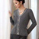 Modely cardigan de punto de color contrastante con bolsillos y botones para mujer para uso diario