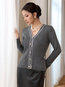 Modely cardigan de punto de color contrastante con bolsillos y botones para mujer para uso diario