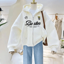 Sudadera con capucha con cierre y estampado de cruz y letras en ingles, forrada de forro polar, para mujeres, para otono/invierno