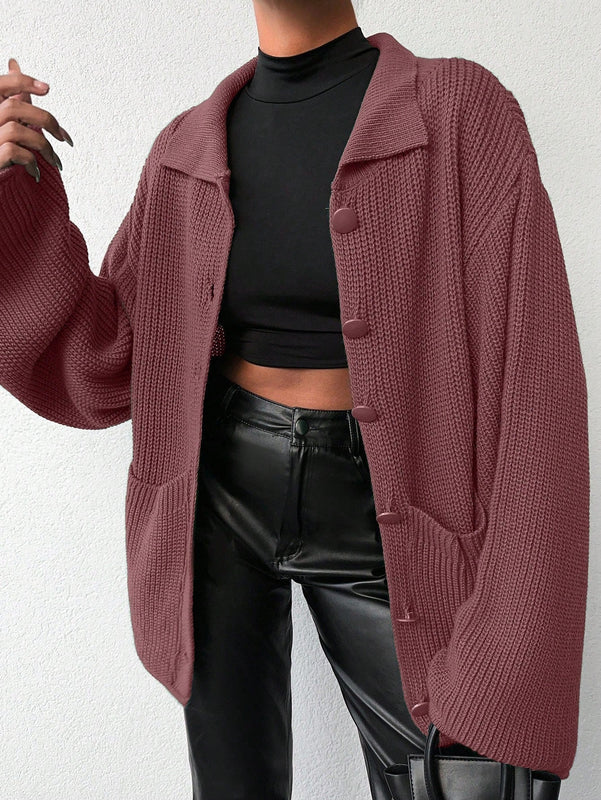 Cardigan de manga larga con botones y cuello para mujer, de estilo minimalista