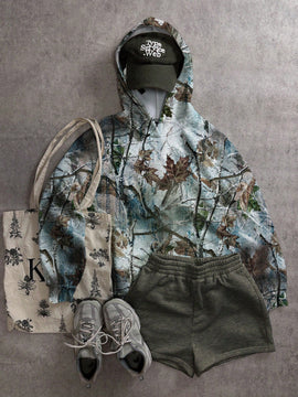 Attitoon sudadera con capucha estampada con camuflaje de ramas de arbol vintage, adecuada para otono/invierno