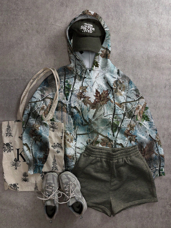 Attitoon sudadera con capucha estampada con camuflaje de ramas de arbol vintage, adecuada para otono/invierno