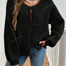 Cardigan de punto de color liso con detalle de nudo delantero, de estilo minimalista para uso en la oficina, atemporal y femenino. cardigan de punto en un solo color con abertura frontal que se puede usar sobre blusas, un cardigan oversize y adorable
