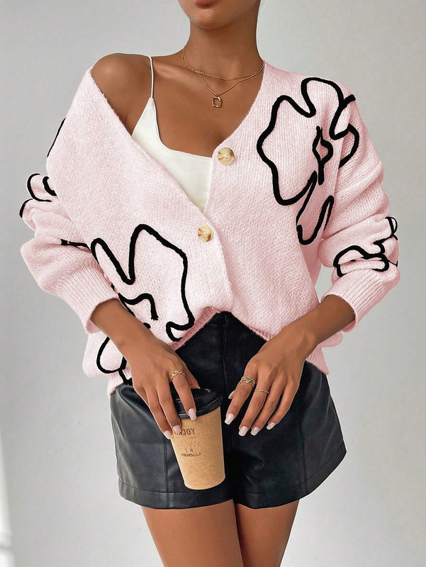 Frenchy cardigan casual de mujer con bloqueo de color y estampado floral, para otono/invierno