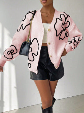 Frenchy cardigan casual de mujer con bloqueo de color y estampado floral, para otono/invierno