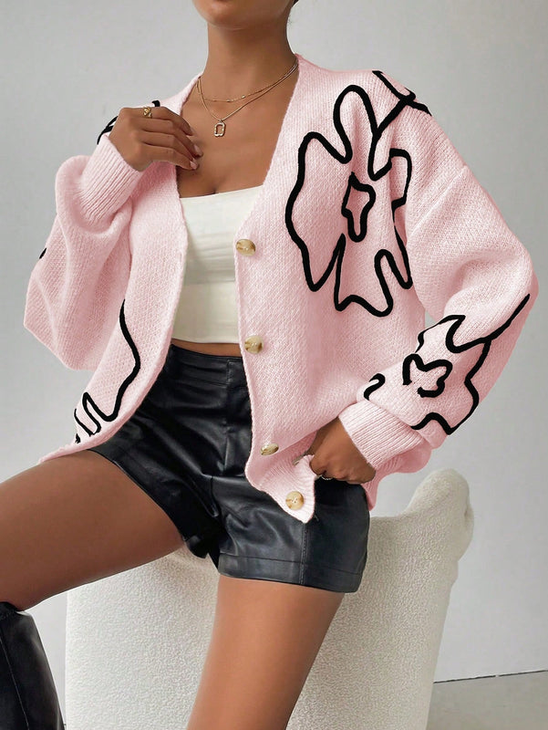 Frenchy cardigan casual de mujer con bloqueo de color y estampado floral, para otono/invierno