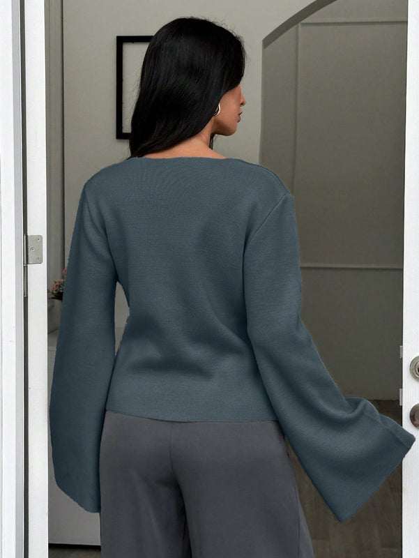 Cardigan de mujer de unicolor, con cuello en v, abotonadura delante y hombros caidos