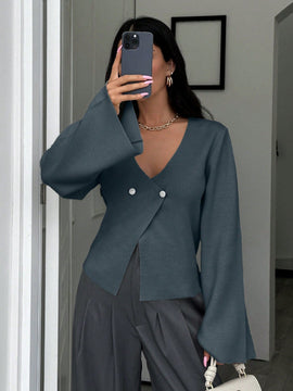 Cardigan de mujer de unicolor con cuello en v, botones delanteros y hombros caidos