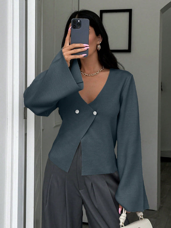 Cardigan de mujer de unicolor con cuello en v, botones delanteros y hombros caidos