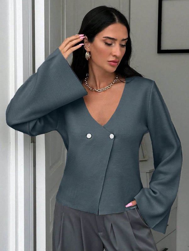 Cardigan de mujer de unicolor con cuello en v, botones delanteros y hombros caidos