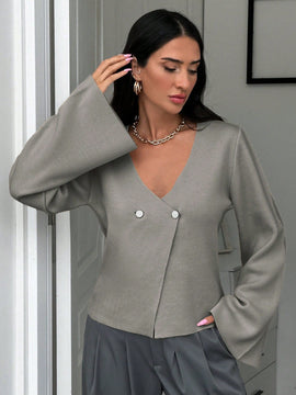Cardigan de mujer de unicolor, con cuello en v, abotonadura delante y hombros caidos