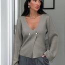 Cardigan de mujer de unicolor, con cuello en v, abotonadura delante y hombros caidos