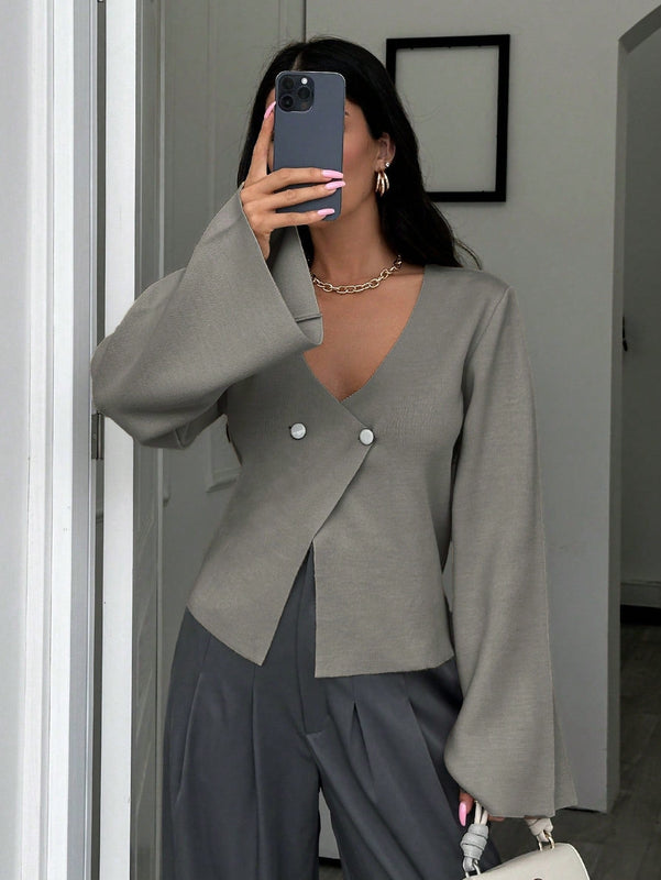 Cardigan de mujer de unicolor con cuello en v, abotonadura frontal y hombros caidos