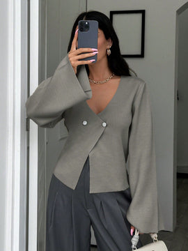 Cardigan de mujer de unicolor con cuello en v, botones delanteros y hombros caidos