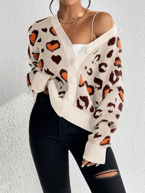 Essnce cardigan de manga larga con hombros caidos y estampado de leopardo para mujer, otono/invierno