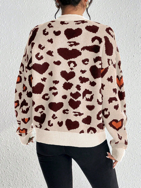 Essnce cardigan de manga larga con hombros caidos y estampado de leopardo para mujer, otono/invierno
