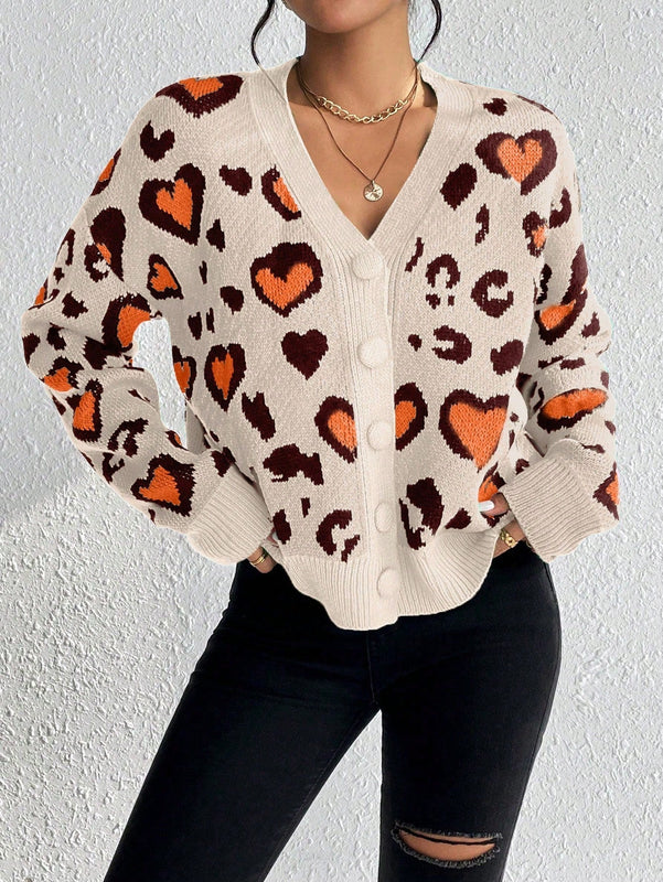 Essnce cardigan de manga larga con hombros caidos y estampado de leopardo para mujer, otono/invierno