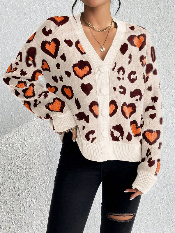 Essnce cardigan de manga larga con hombros caidos y estampado de leopardo para mujer, otono/invierno
