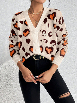 Essnce cardigan de manga larga con hombros caidos y estampado de leopardo para mujer, otono/invierno