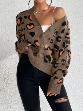 Essnce cardigan de manga larga con hombros caidos y estampado de leopardo para mujer, otono/invierno