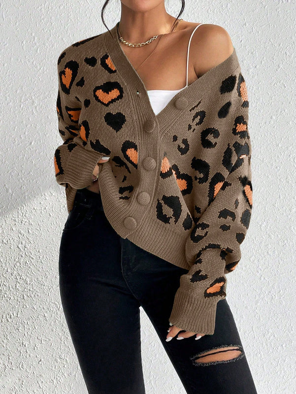 Essnce cardigan de manga larga con hombros caidos y estampado de leopardo para mujer, otono/invierno