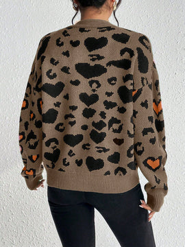 Essnce cardigan de manga larga con hombros caidos y estampado de leopardo para mujer, otono/invierno