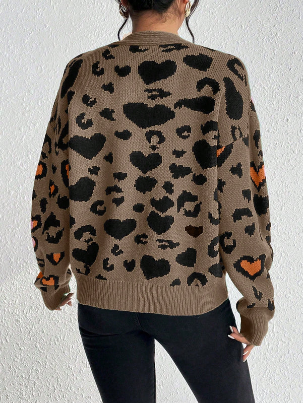 Essnce cardigan de manga larga con hombros caidos y estampado de leopardo para mujer, otono/invierno