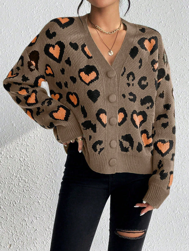 Essnce cardigan de manga larga con hombros caidos y estampado de leopardo para mujer, otono/invierno