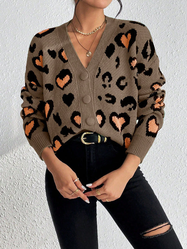 Essnce cardigan de manga larga con hombros caidos y estampado de leopardo para mujer, otono/invierno