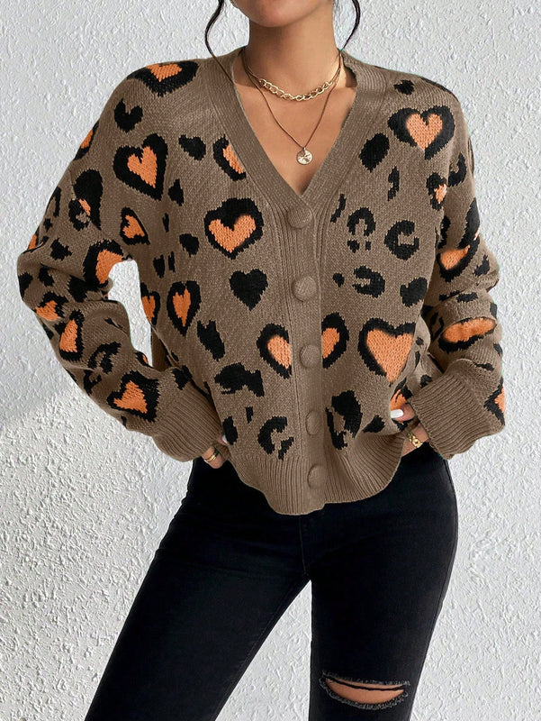 Essnce cardigan de manga larga con hombros caidos y estampado de leopardo para mujer, otono/invierno