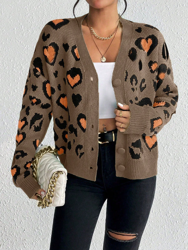 Essnce cardigan de manga larga con hombros caidos y estampado de leopardo para mujer, otono/invierno