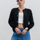 Eurmuse cardigan de mujer de unicolor con detalles de rhinestones y botones delanteros de hilo rizado