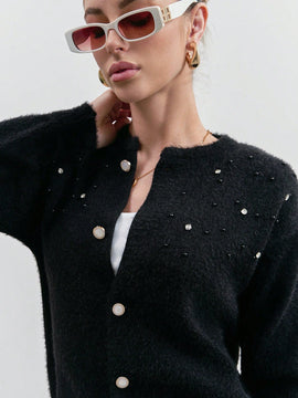 Eurmuse cardigan de mujer de unicolor con detalles de rhinestones y botones delanteros de hilo rizado