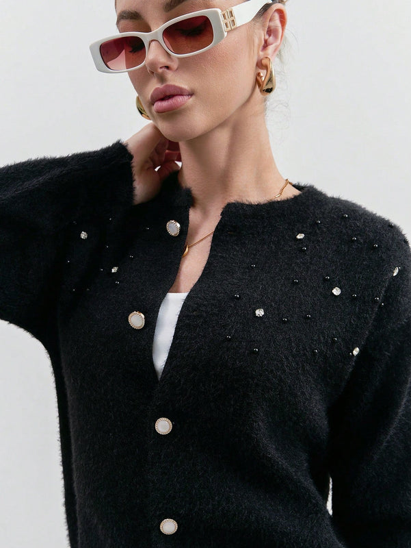 Eurmuse cardigan de mujer de unicolor con detalles de rhinestones y botones delanteros de hilo rizado