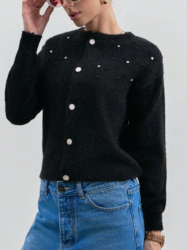 Eurmuse cardigan de mujer de unicolor con detalles de rhinestones y botones delanteros de hilo rizado