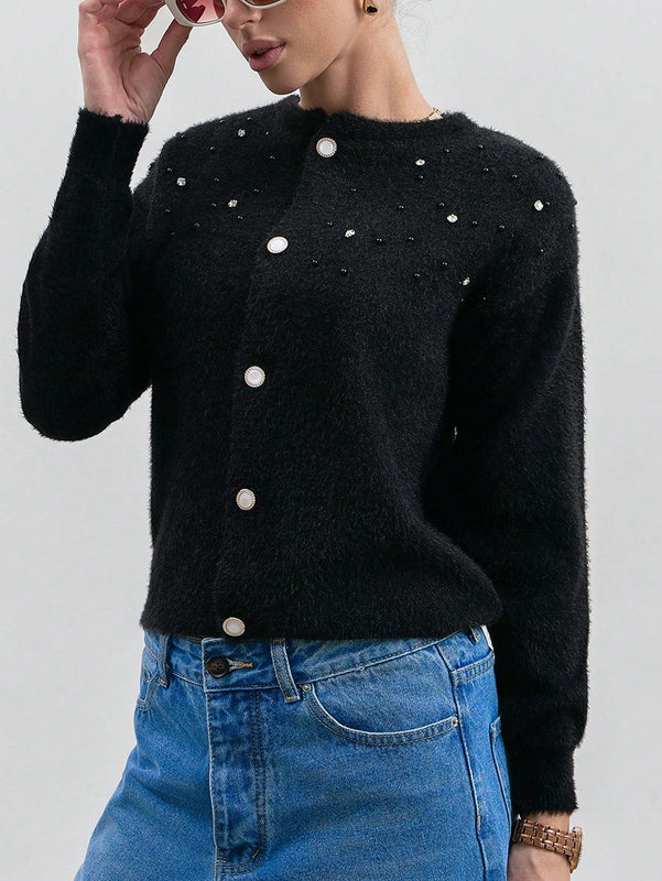 Eurmuse cardigan de mujer de unicolor con detalles de rhinestones y botones delanteros de hilo rizado