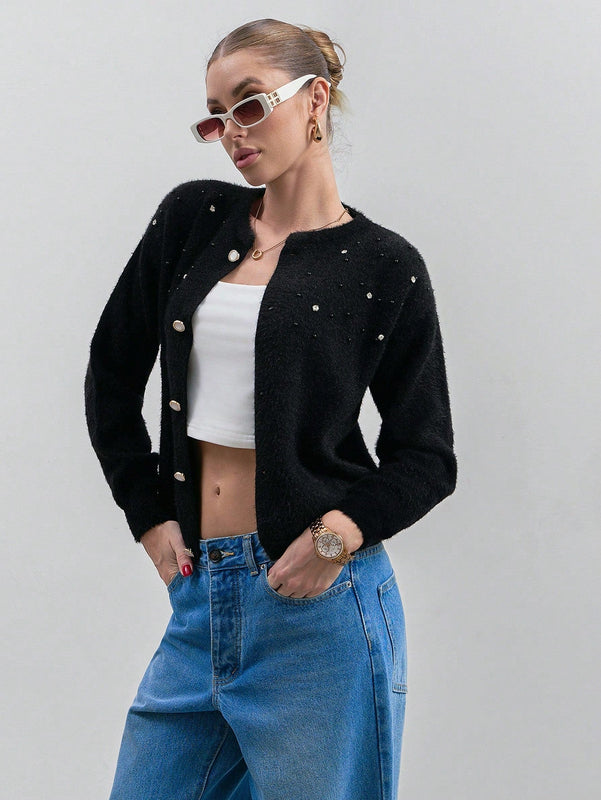 Eurmuse cardigan de mujer de unicolor con detalles de rhinestones y botones delanteros de hilo rizado