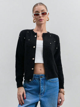 Eurmuse cardigan de mujer de unicolor con detalles de rhinestones y botones delanteros de hilo rizado