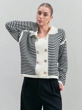 Eurmuse cardigan para mujer con botones frontales y cuello de patron de rayas