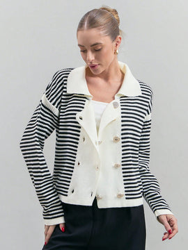 Eurmuse cardigan para mujer con botones frontales y cuello de patron de rayas