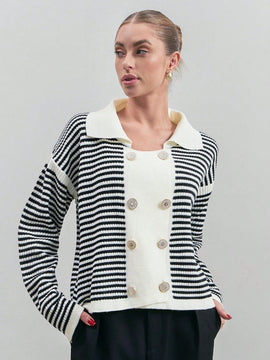 Eurmuse cardigan para mujer con botones frontales y cuello de patron de rayas