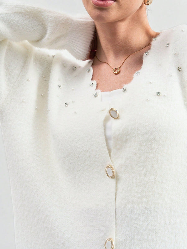 Eurmuse chaqueta de punto de botones delanteros con detalles de strass y de hilo de mohair de unicolor para mujer
