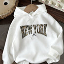 Ezwear sudadera holgada con capucha de felpa gruesa con estampado minimalista casual de leopardo y estrella en blanco para mujeres